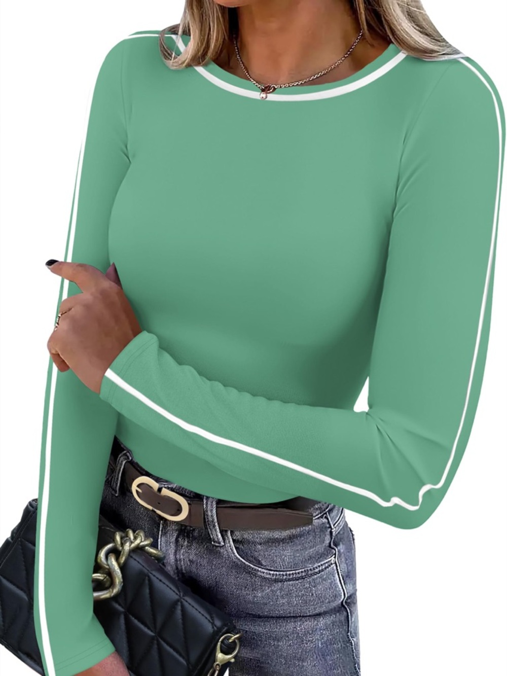 Striped-Trim Long Sleeve Crewneck Top - Green
